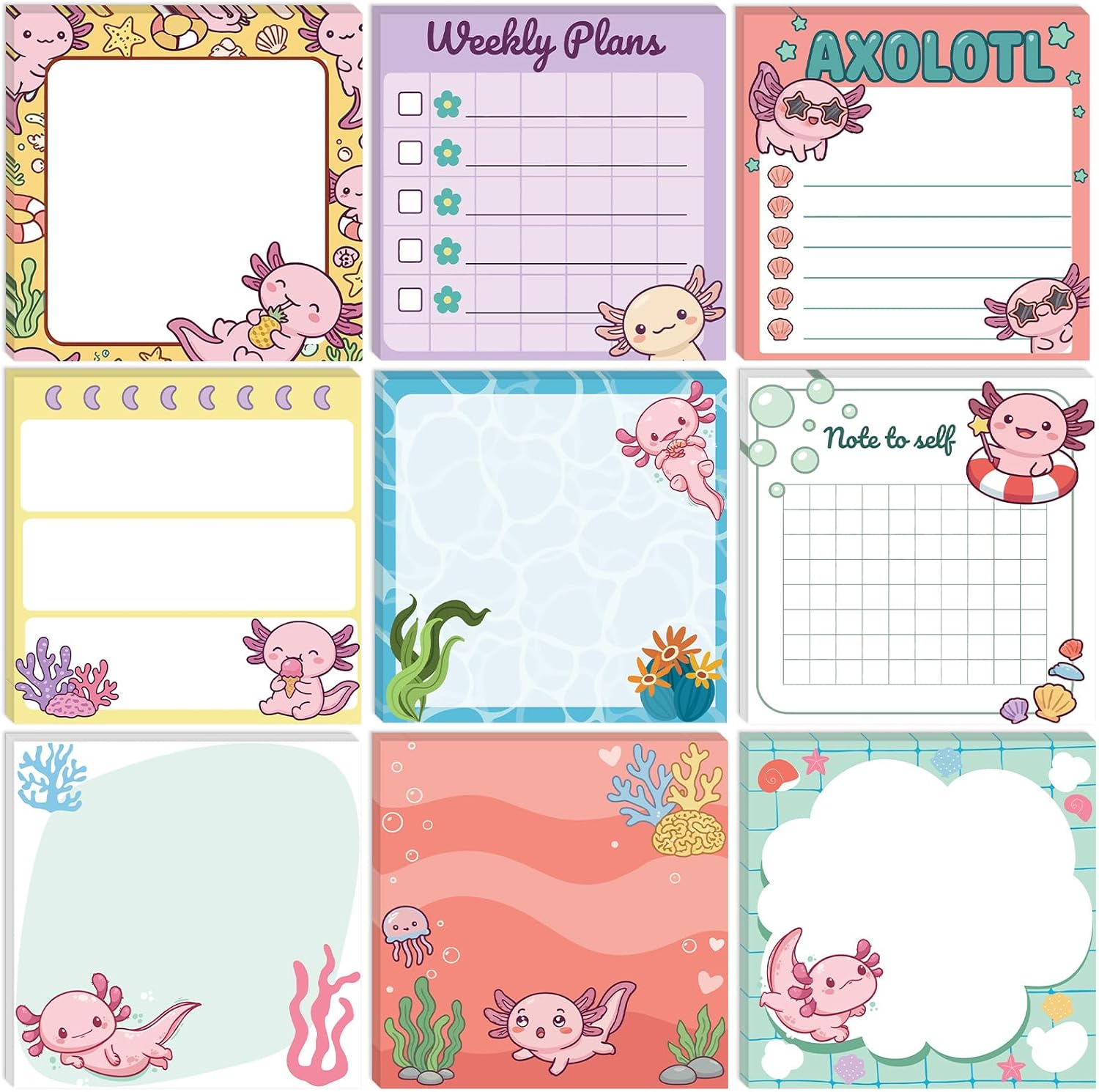 Axolotl Print Sticky Notes, 3 x 3 Inch, 450 Sheets