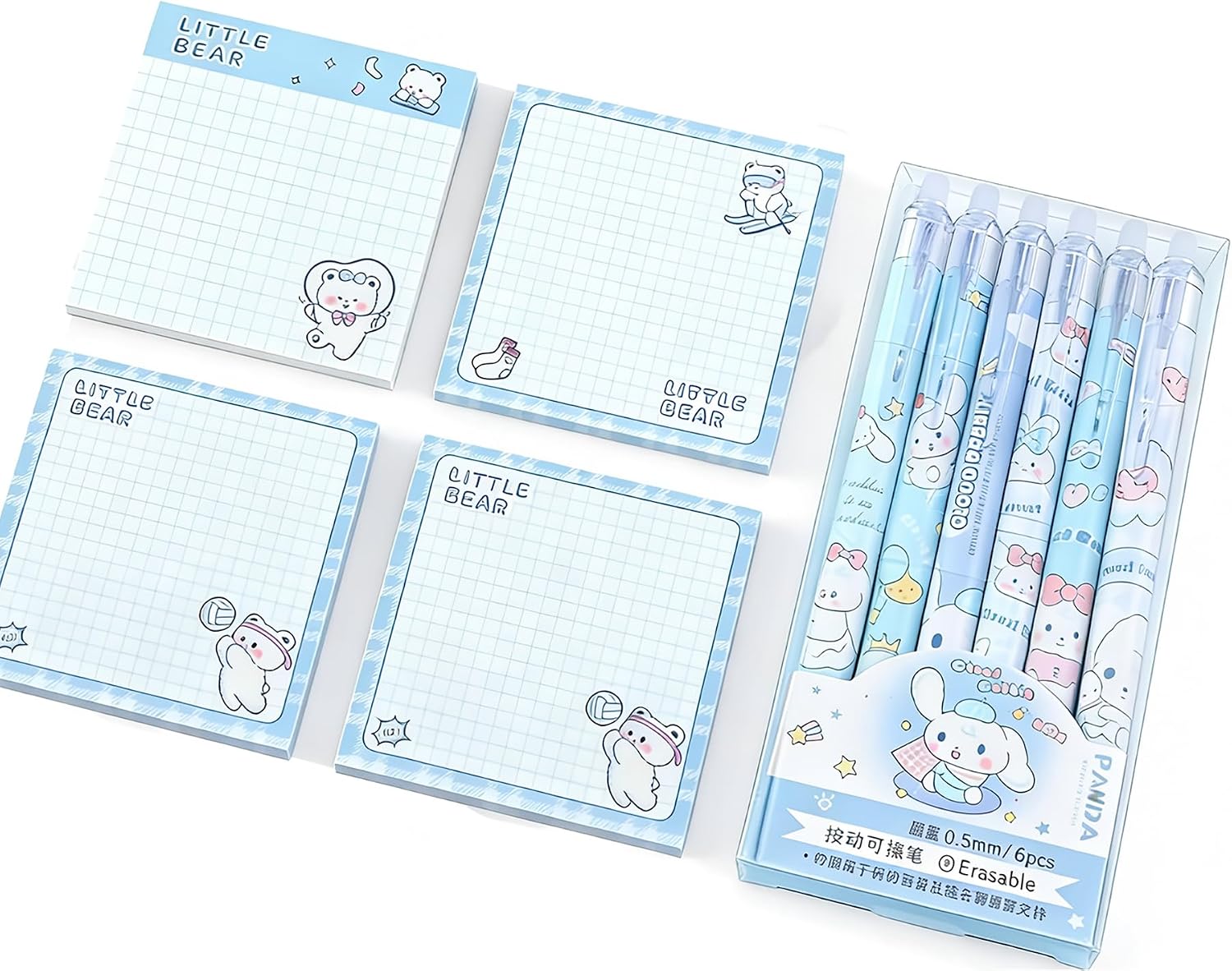 Bear Print Stationery Set, 6 Erasable Gel Pens and 4 Sticky Note Pads