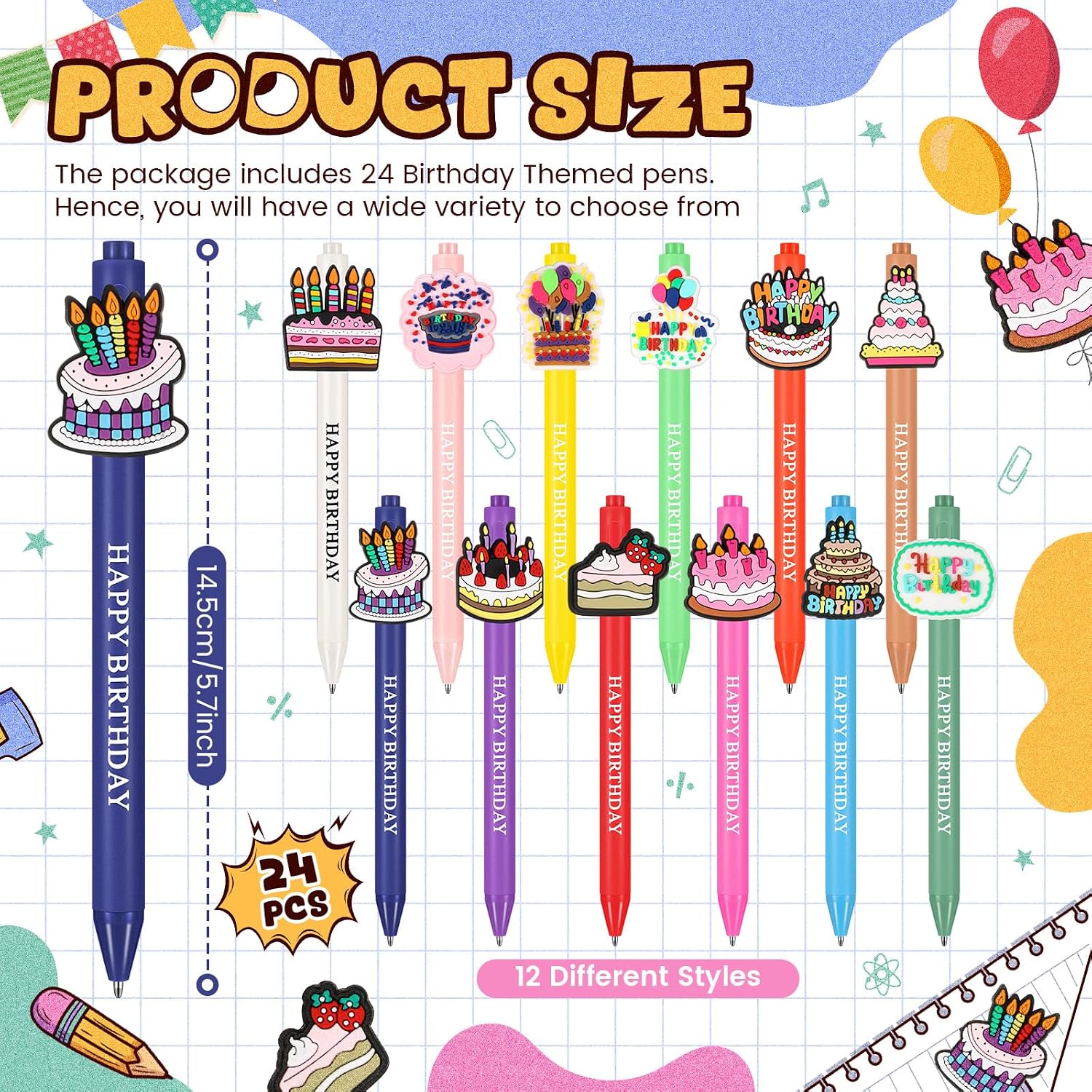 Birthday Cake Print Ballpoint Pens, Assorted, 24 Pieces — view 2
