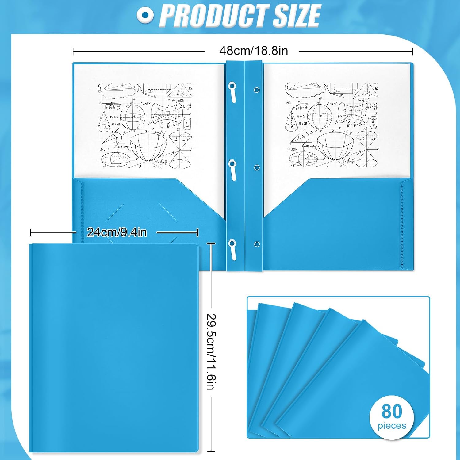 Blue Plastic Folders with Pockets and Fasteners, 80 Pieces — view 3
