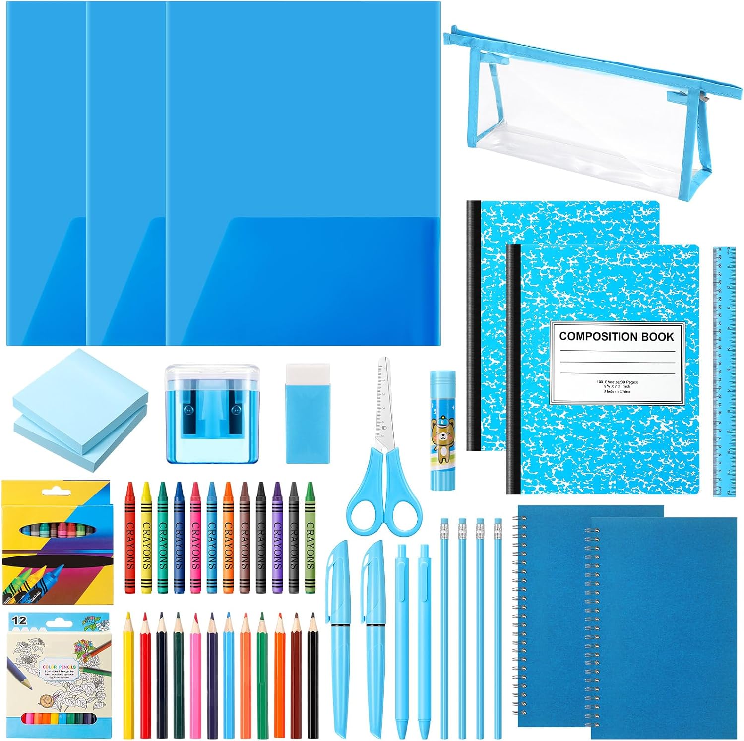 Blue School Stationery Set with Pencil Case, 48 Pieces
