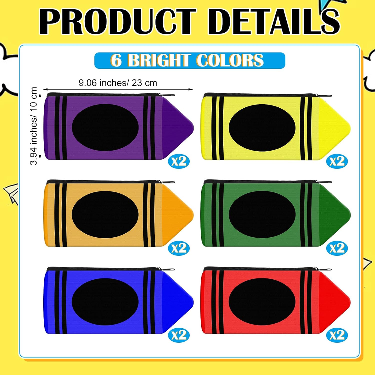 Crayon Shaped Canvas Zip Pouches, Assorted Colours, 12 Pieces — view 3