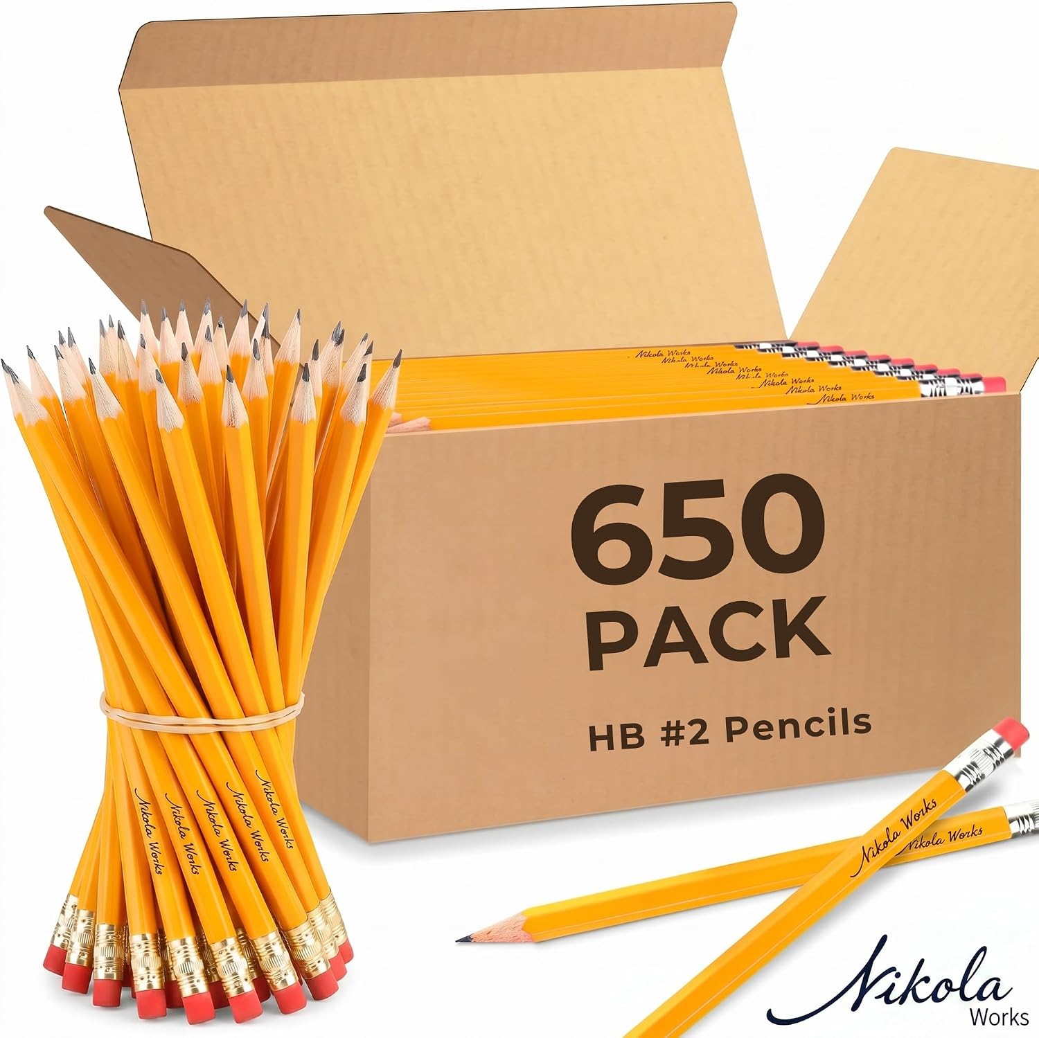 HB Woodcase Pencils with Erasers, Pre-Sharpened, Yellow, 650 Pieces