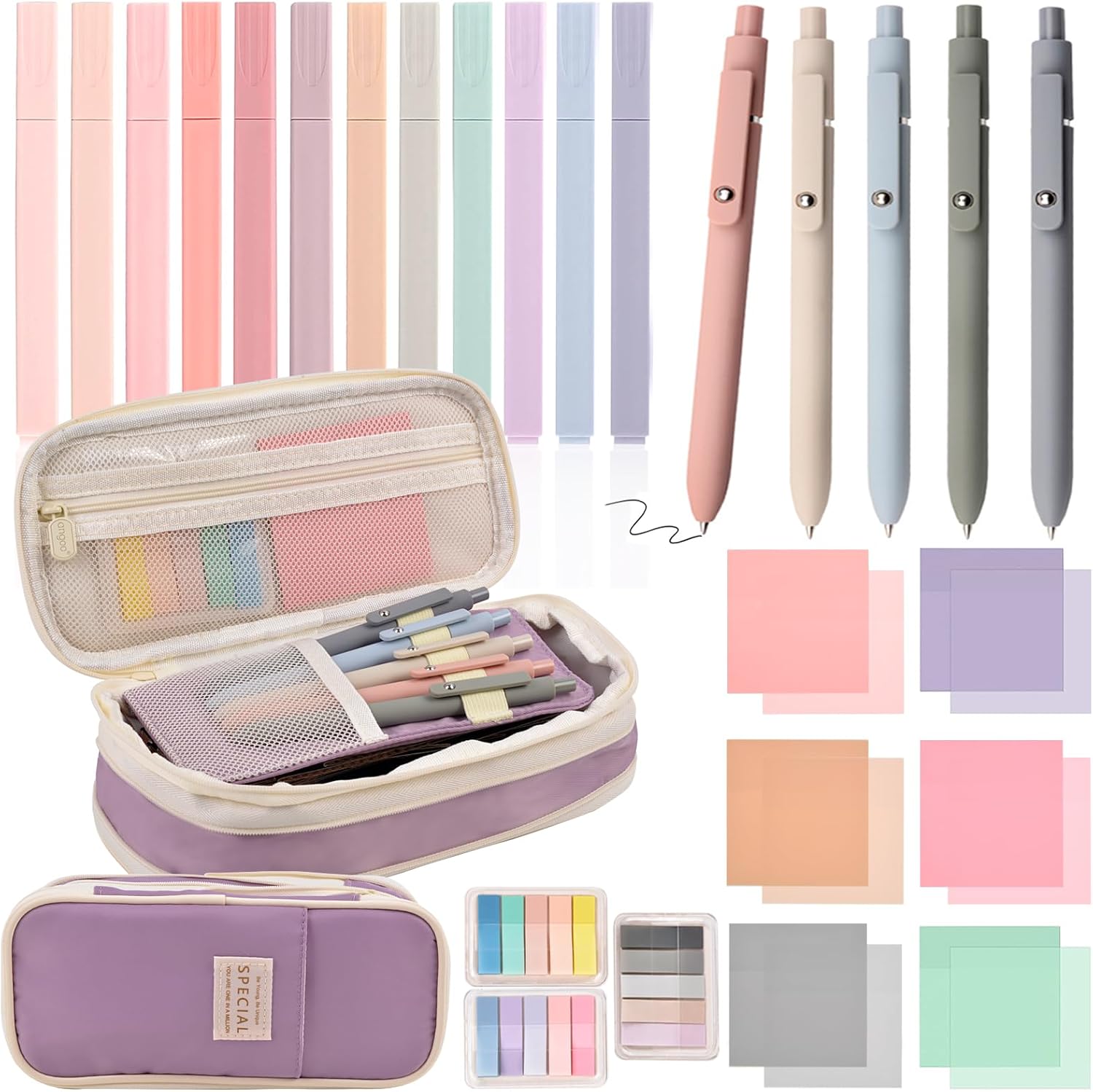 Pastel Stationery Set with Highlighters, Gel Pens, Notes and Pouch