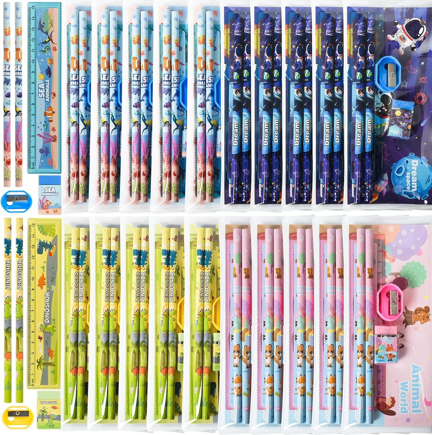 Themed Stationery Sets with Pencils, Erasers, Rulers and Sharpeners, 24 Sets
